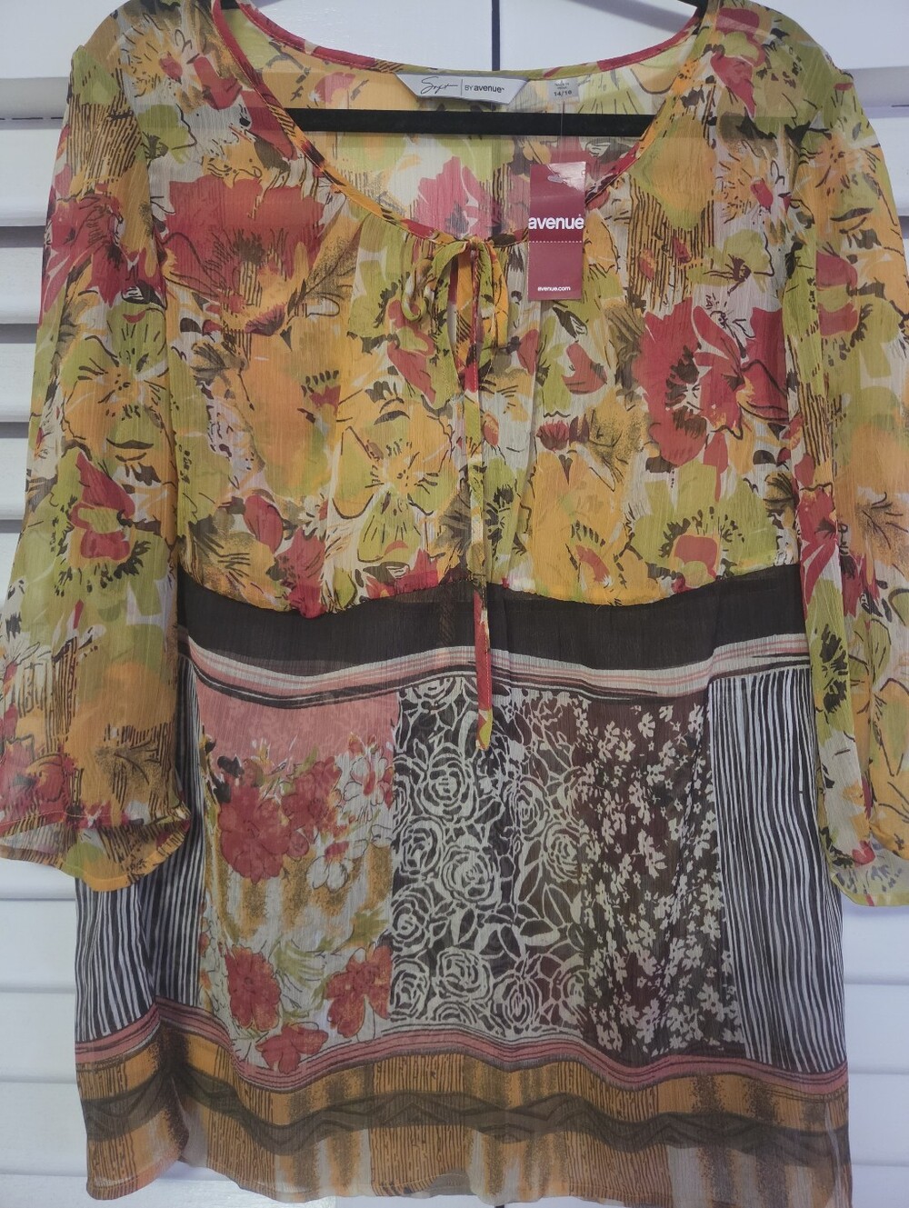 Avenue Mixed-Print Scoop Neck Tunic in Yellow, Coral and Brown